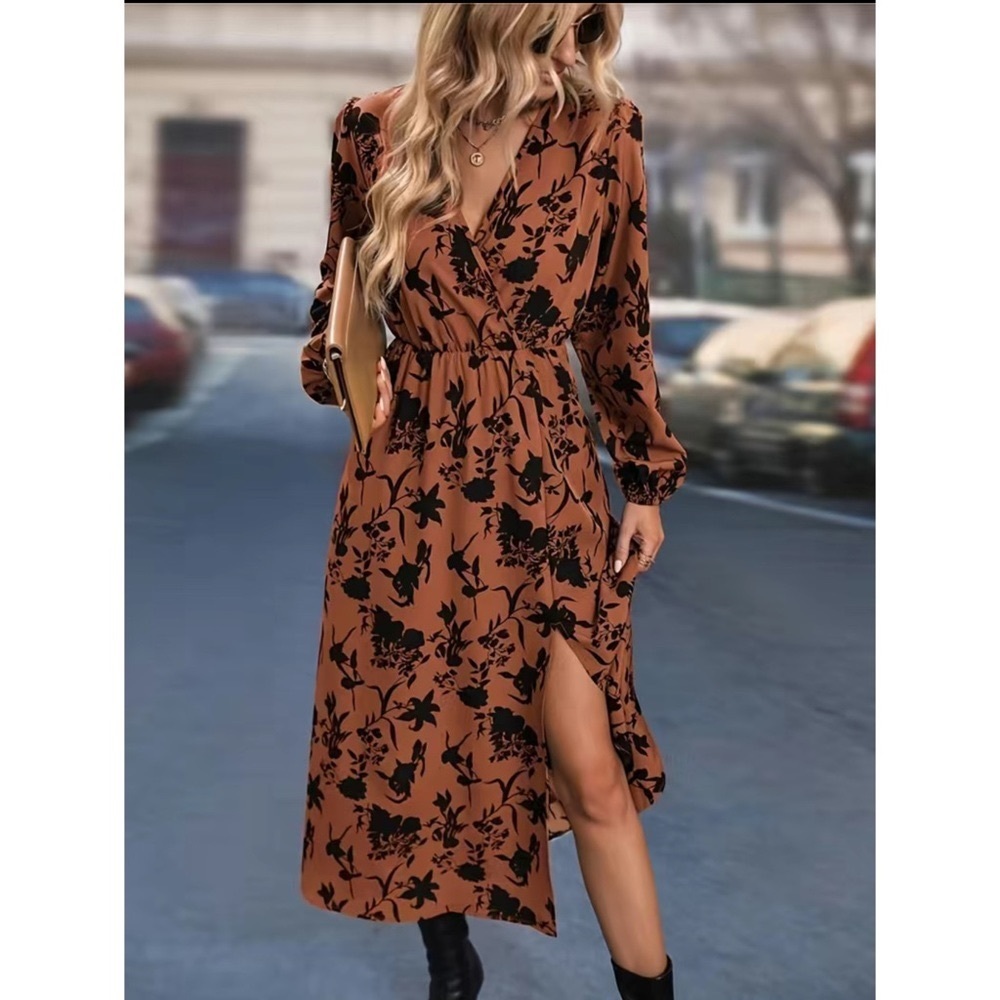 Brown Floral Print Bishop Long Sleeve V Neck High Slit Midi Maxi Dress NWT